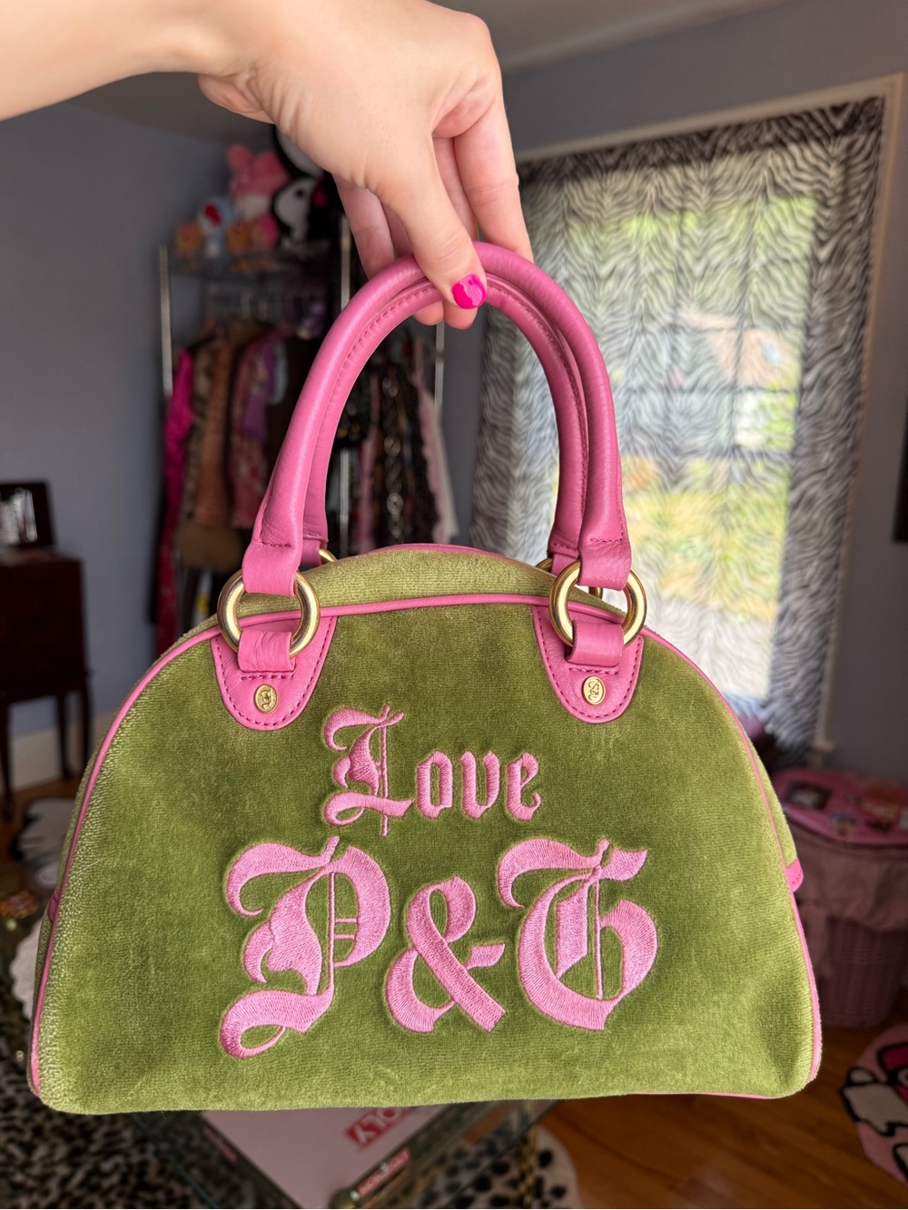 Juicy Couture Green Suede Satchel with Pink Trim and Heart Charm - Picture 3 of 9